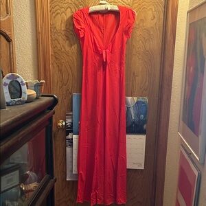 Elegant Red Maxi Nightgown with Capped Sleeves